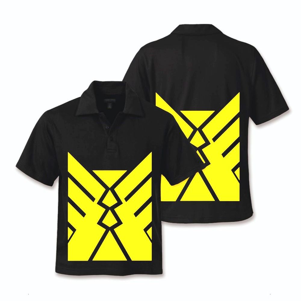 Black polo shirt with yellow geometric design on front and back