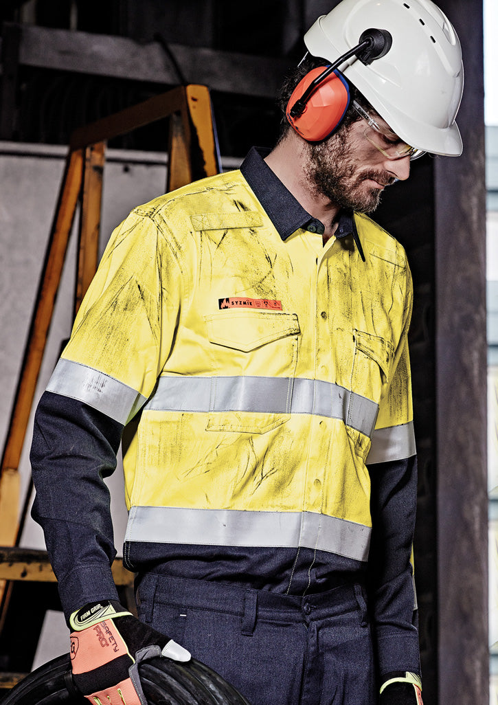 Syzmik | Mens Orange Flame Hi Vis Open Front Spliced Shirt - Hoop Taped | ZW140