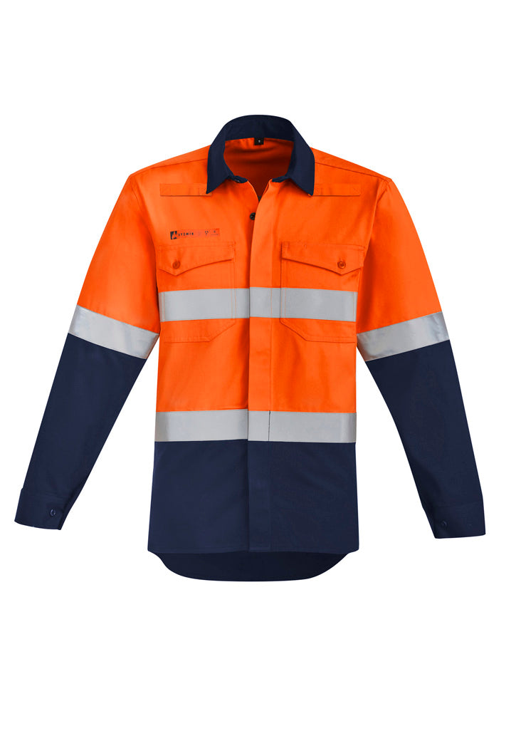 Syzmik | Mens Orange Flame Hi Vis Open Front Spliced Shirt - Hoop Taped | ZW140