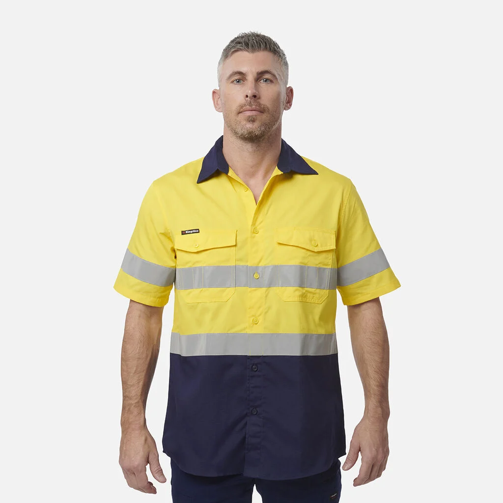 King Gee | Workcool 2 Hi Vis Reflective Short Sleeve Shirt yellow and navy