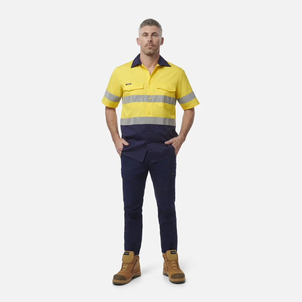 Yellow and Navy King Gee Workcool 2 Hi Vis Reflective Short Sleeve Shirt