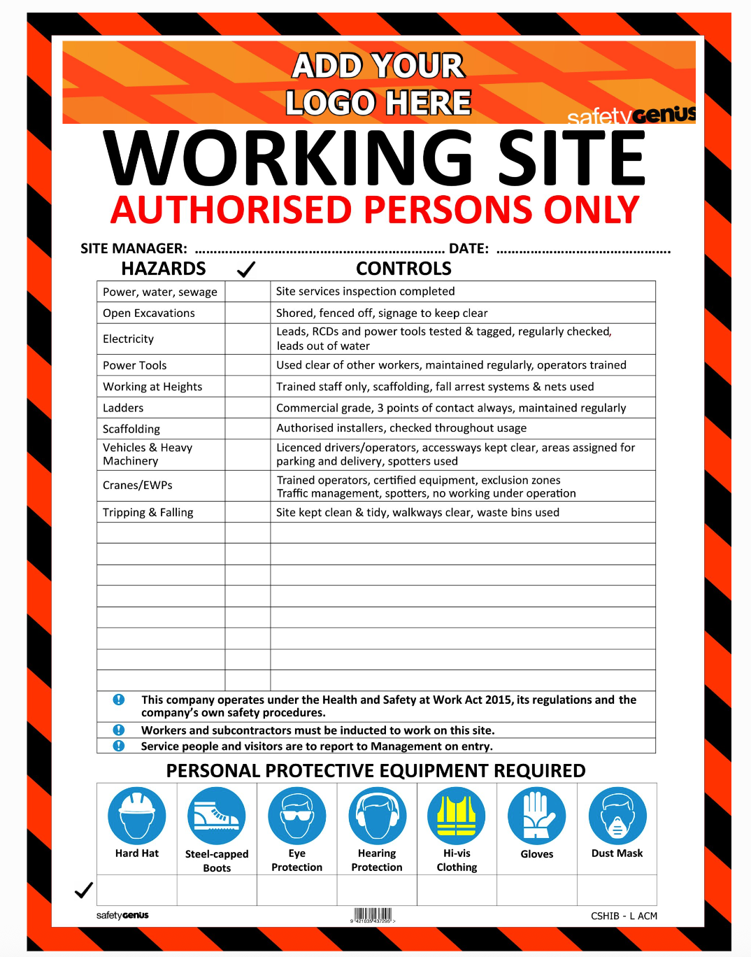 CONSTRUCTION SITE HAZARD ID BOARD – With Your Logo