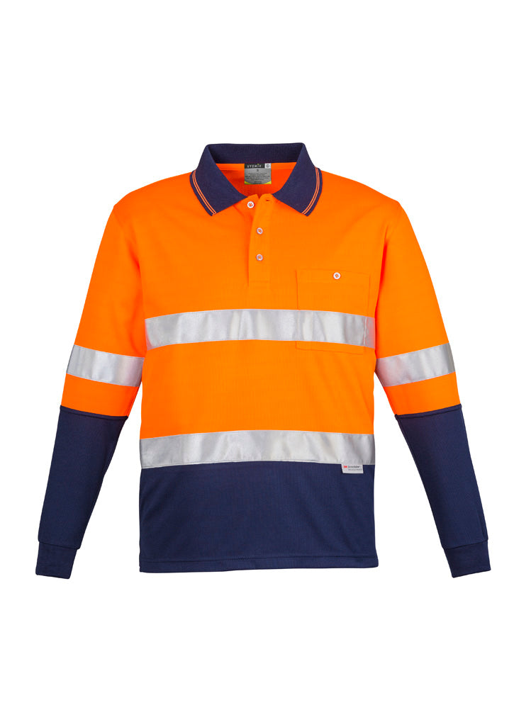 Syzmik Workwear Mens Hi Vis Spliced Long Sleeve Polo - Hoop Taped front  orange/navy front
